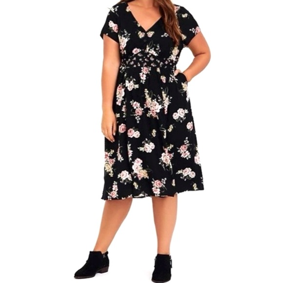 Torrid 2 Black Floral Midi Challis Button Front V-neck Short Sleeve Dress - Picture 1 of 10